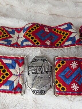 Vintage Scandinavian Folk Art Embroidered Belt Holmenkollen Norway Buckle small